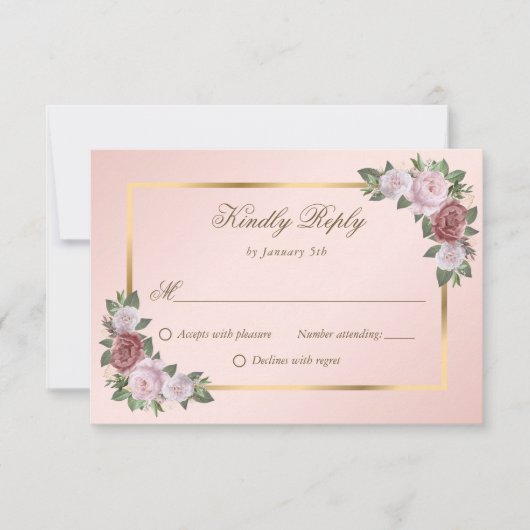 Cartes RSVP Blush Pink Gold Floral Wedding (Devant)