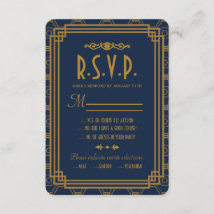 Cartes RSVP de mariage Art Déco Bleu