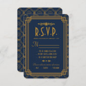 Cartes RSVP de mariage Art Déco Bleu (Devant / Derrière)