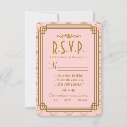 Cartes RSVP de mariage Art Déco rose (Devant)