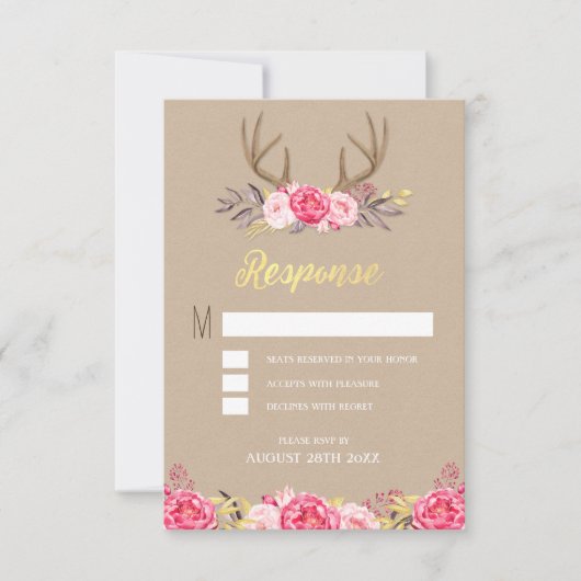 Cartes RSVP de mariage au Péony Rustique et Bois d (Devant)