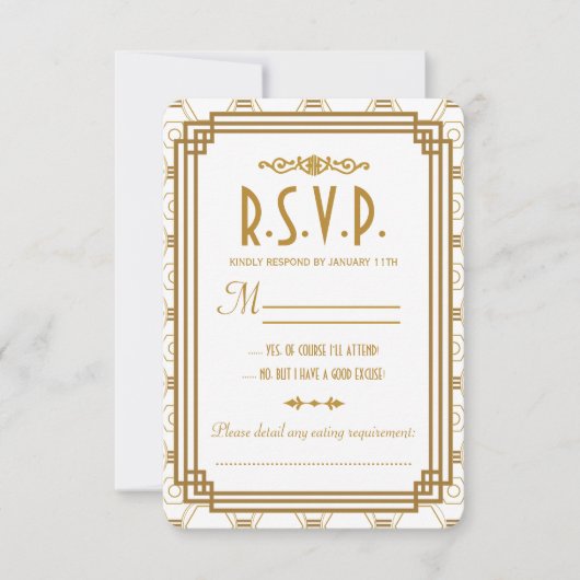 Cartes RSVP de mariage blanc Art Déco (Devant)