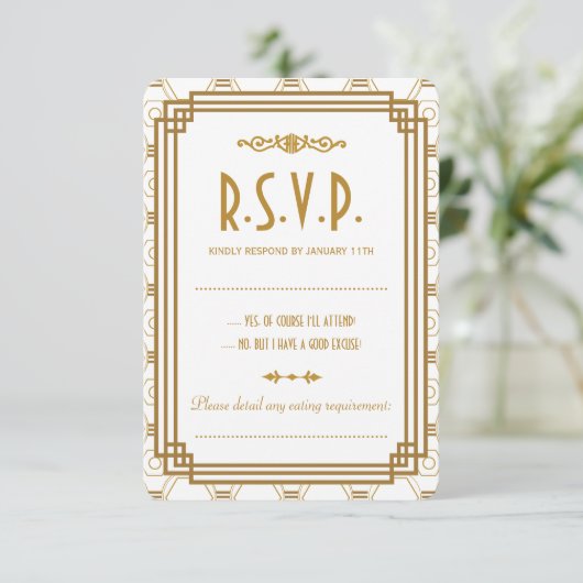 Cartes RSVP de mariage blanc Art Déco personnalisé (Debout devant)