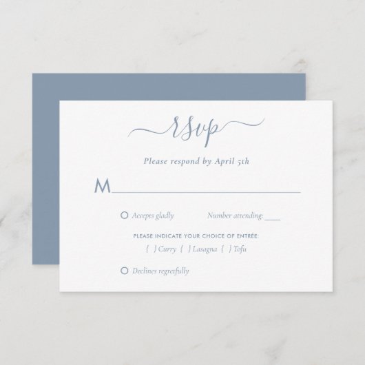 Cartes RSVP de mariage bleu Dusty élégant (Devant / Derrière)