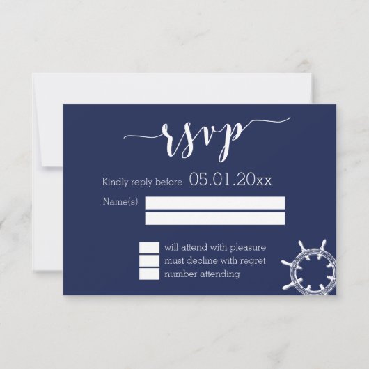 Cartes RSVP de mariage bleu marine avec roue (Devant)