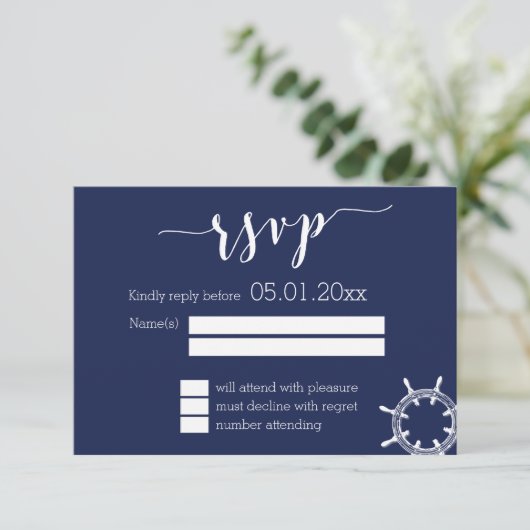 Cartes RSVP de mariage bleu marine avec roue (Debout devant)