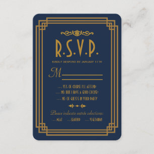 Cartes RSVP de mariage bleu simple Art déco