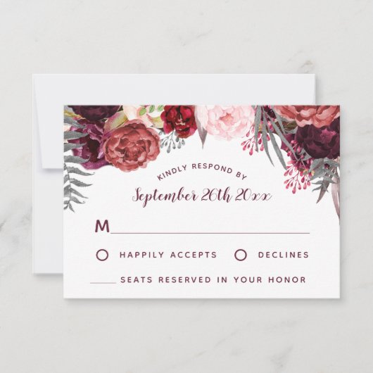 Cartes RSVP de mariage Blush Peony de Bourgogne Ma (Devant)