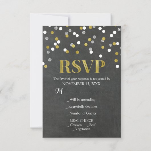 Cartes RSVP de mariage Confetti en Argent Gold Cha (Devant)