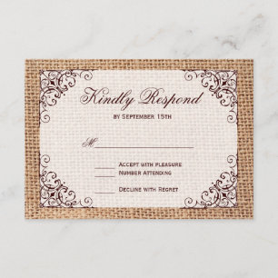 Cartes RSVP de Mariage de Burlap de Pays Rustique