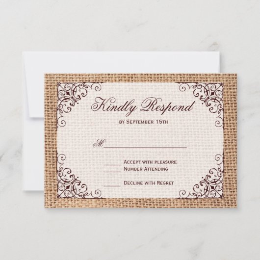 Cartes RSVP de Mariage de Burlap de Pays Rustique (Devant)