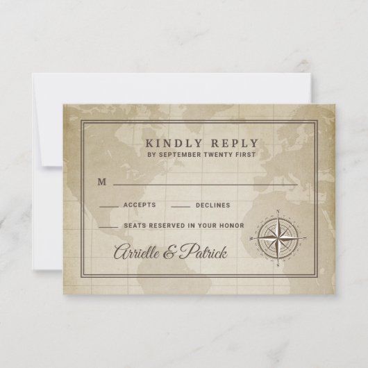 Cartes RSVP de mariage de compas nautiques du mond (Devant)
