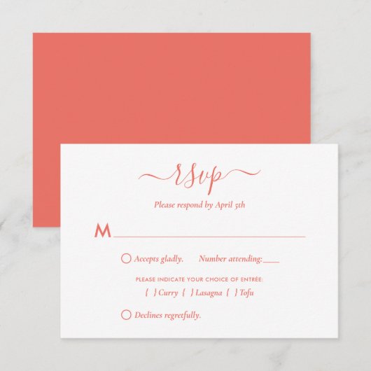 Cartes RSVP de mariage de script de corail moderne (Devant / Derrière)