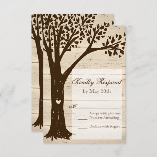 Cartes RSVP de mariage en bois ancien sculpté (Devant / Derrière)