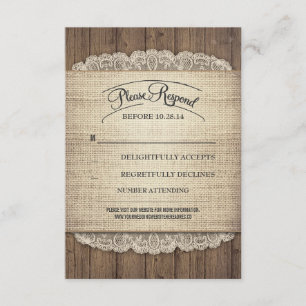 Cartes RSVP de mariage en bois rustique et dentell
