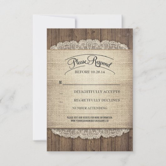 Cartes RSVP de mariage en bois rustique et dentell (Devant)
