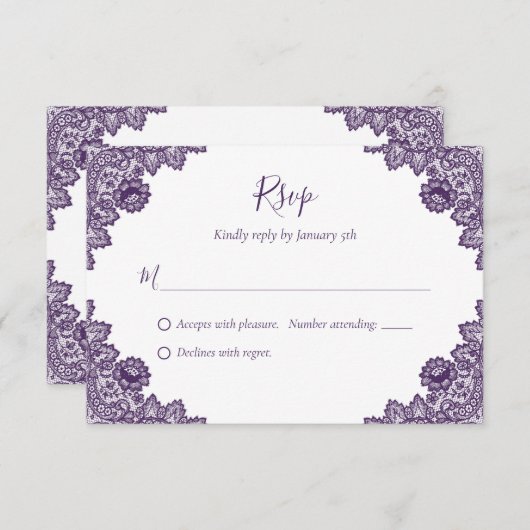 Cartes RSVP de mariage en dentelle violette rustiq (Devant / Derrière)