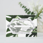 Cartes RSVP de mariage en marbre de Monstera tropi (Debout devant)