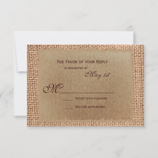 Cartes RSVP de mariage en papier rustique Burlap (Devant)