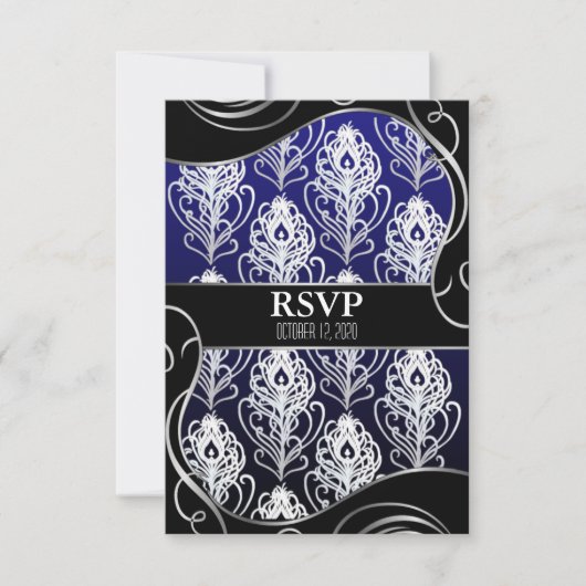Cartes RSVP de mariage en plumes Peacock noir et b (Devant)