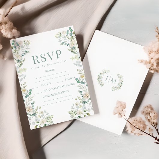 Cartes RSVP de mariage Eucalyptus Sage Roses Blanc