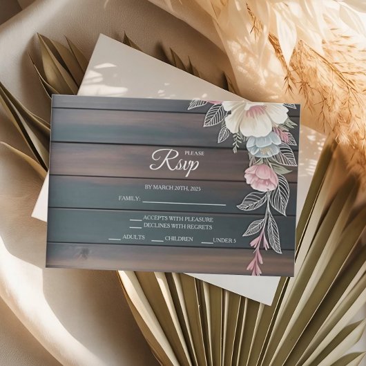 Cartes RSVP de mariage floral en bois rustique