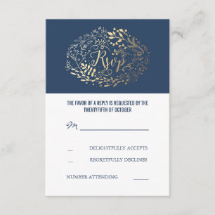 Cartes RSVP de mariage Floral Marine et Or