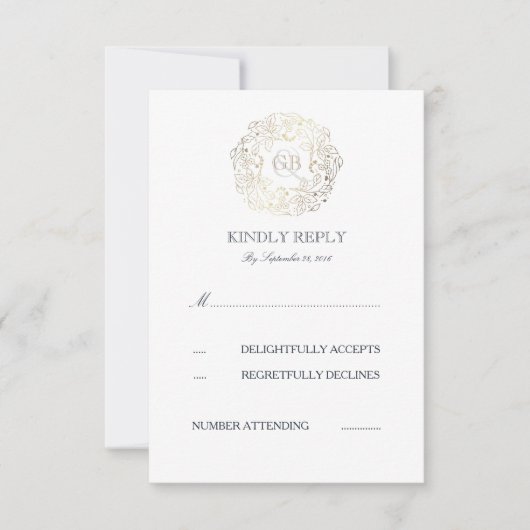 Cartes RSVP de mariage florales blanches et d'or (Devant)