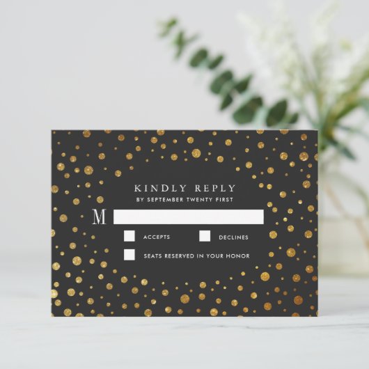 Cartes RSVP de mariage Gold et Noir Confetti Foil (Debout devant)