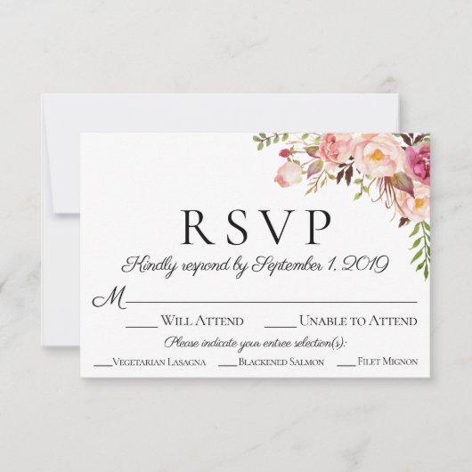 Cartes RSVP de mariage rose floral avec option de (Devant)