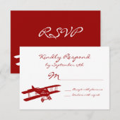 Cartes RSVP de Mariage Rouge Aviateur Biplane vint (Devant / Derrière)