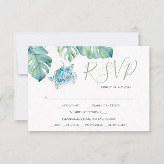 Cartes RSVP de mariage tropical Aquarelle Tortue d (Devant)