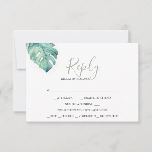 Cartes RSVP de Mariage Tropical Aquarelle Vert (Devant)
