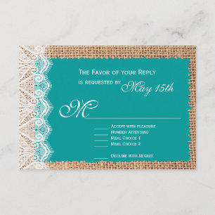 Cartes RSVP de mariage Turquoise en dentelle de Bu