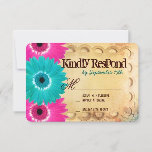 Cartes RSVP de mariage Turquoise rose chaud rustiq (Devant)