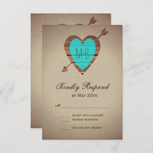 Cartes RSVP de mariage Turquoise Rustique (Devant / Derrière)