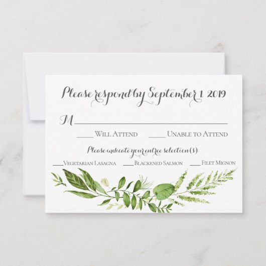 Cartes RSVP de mariage vert rustique avec choix de (Dos)