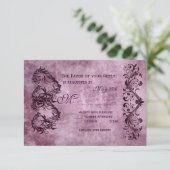 Cartes RSVP de mariage vintage double coeur violet (Debout devant)