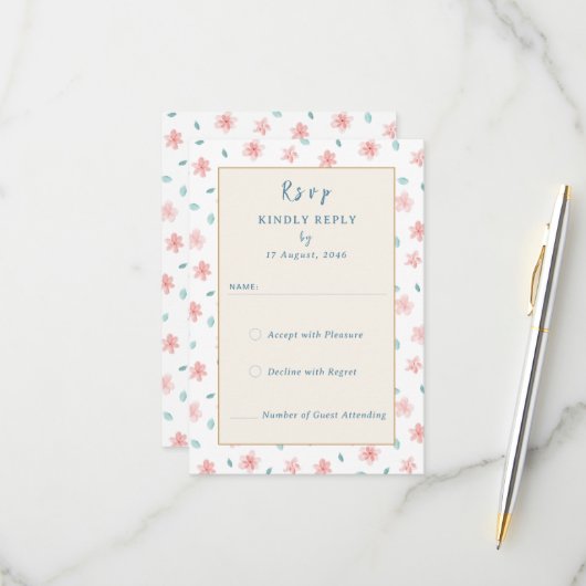 Cartes RSVP de petite faire-part de mariage rose (Devant/Arrière en situation)