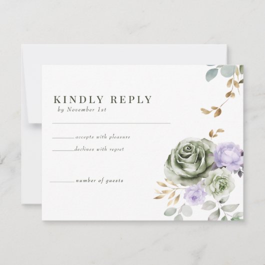 Cartes RSVP de réponse Mariage vert pourpre (Devant)