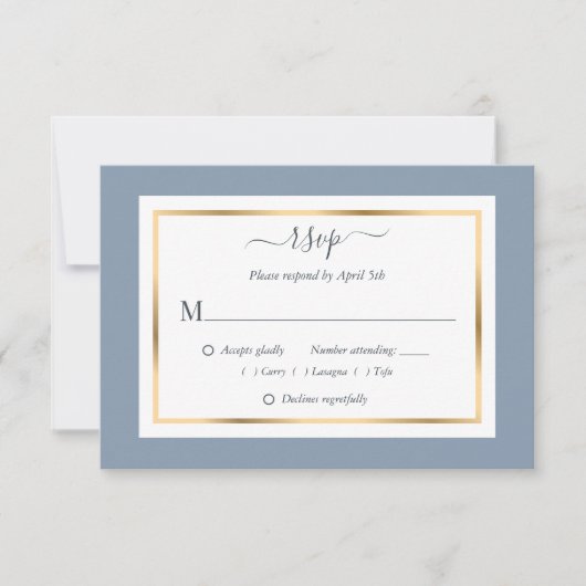 Cartes RSVP Elégantes Dusty Blue et Gold Wedding (Devant)