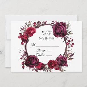 Cartes RSVP en couronne de roses rouges et bordeau