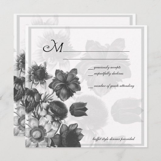 Cartes RSVP Gris Elégant Mariage Fleur (Devant / Derrière)