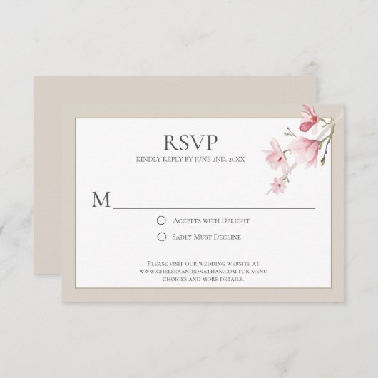 Cartes RSVP Magnolia Blooms Rose et Mocha (Devant / Derrière)