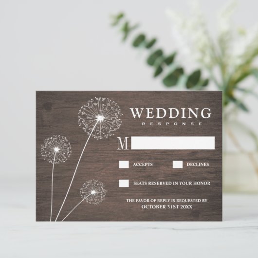 Cartes RSVP Mariage campagnard en bois Dandelion (Debout devant)
