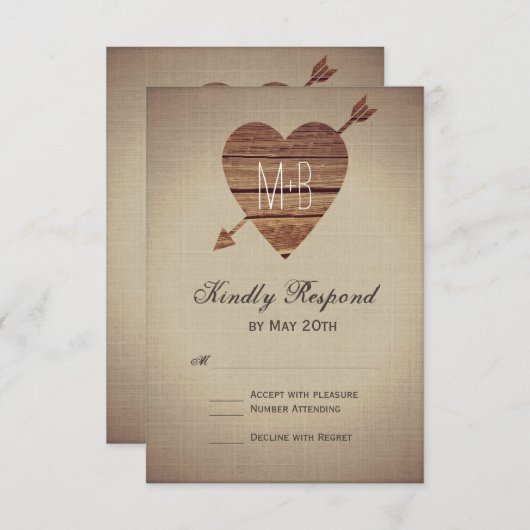 Cartes RSVP Mariage campagnard Flèche Coeur Rustiq (Devant / Derrière)