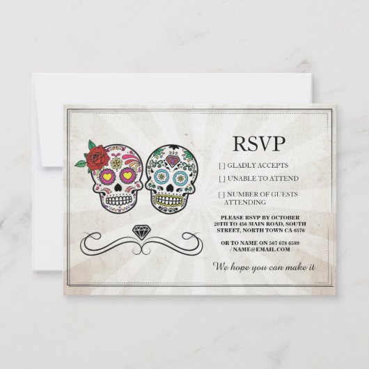 Cartes RSVP Mariage Crânes de Sucre Diamant Rustiq (Devant)