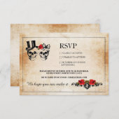 Cartes RSVP Mariage Crânes Roses Crânes Rustiques (Devant / Derrière)