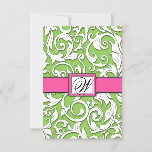 Cartes RSVP Mariage damassé Hot Rose & Lime Green (Devant)
