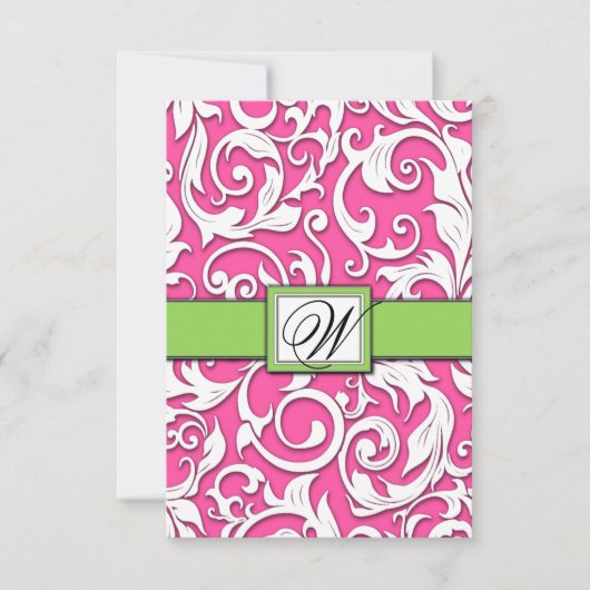Cartes RSVP Mariage damassé Hot Rose & Lime Green (Devant)
